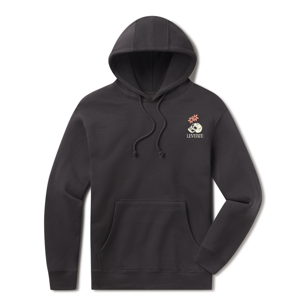Levitate Reconnect Hoodie, front: Skull overgrown with wildflowers and ferns under a crescent moon, Levitate lettering