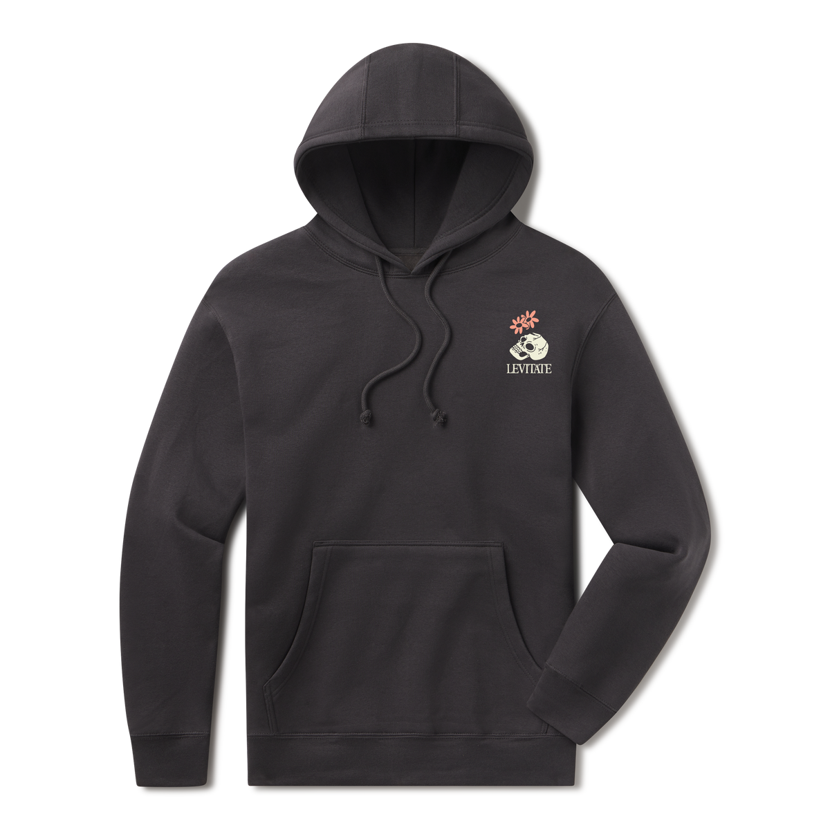 Levitate Reconnect Hoodie, front: Skull overgrown with wildflowers and ferns under a crescent moon, Levitate lettering