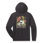 Levitate Reconnect Hoodie, back: Skull overgrown with wildflowers and ferns under a crescent moon, Levitate lettering