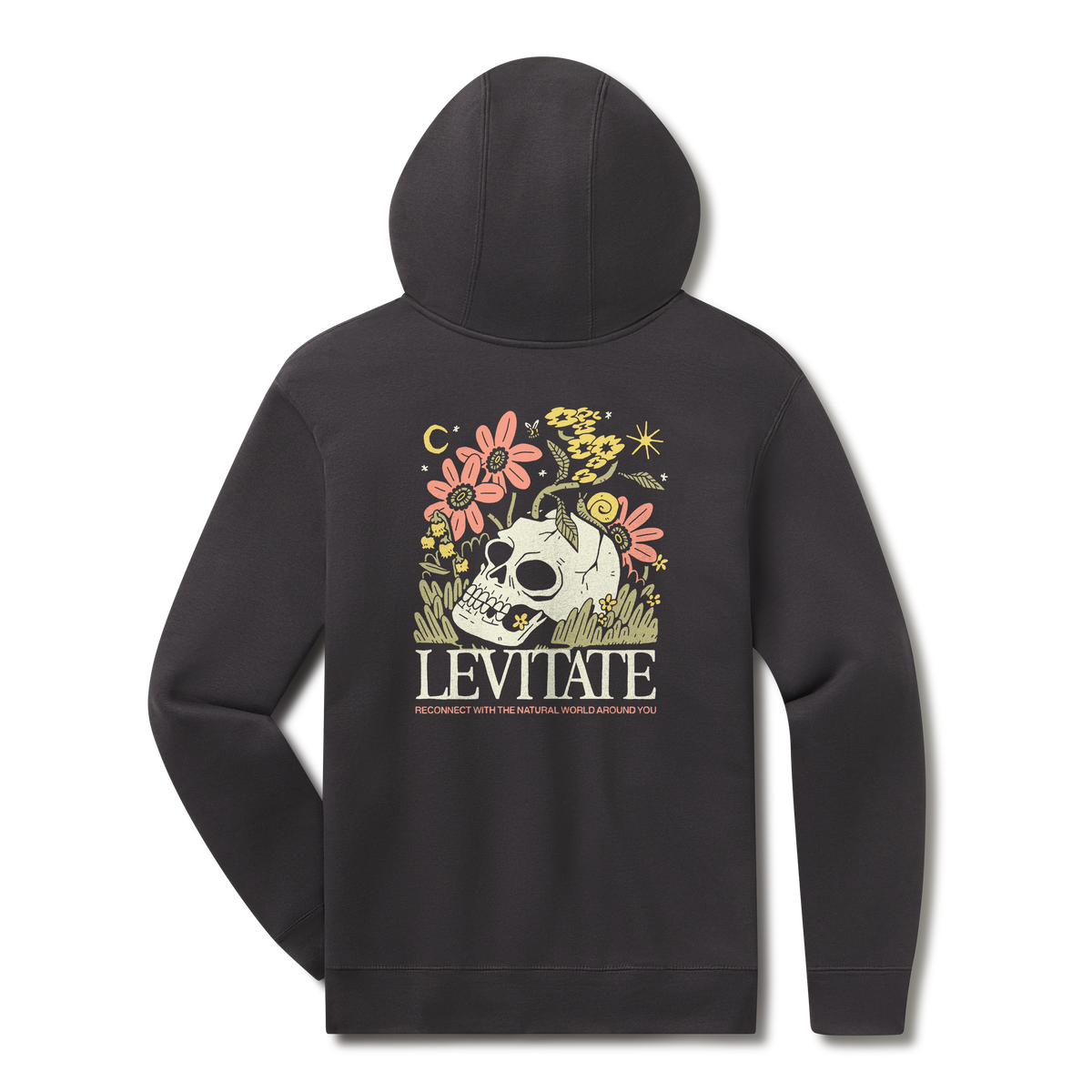 Levitate Reconnect Hoodie, back: Skull overgrown with wildflowers and ferns under a crescent moon, Levitate lettering