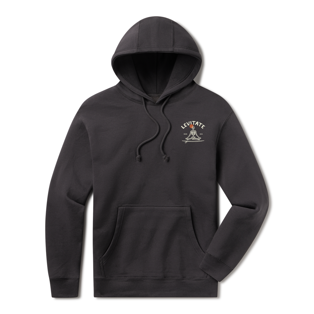 Levitate Meditate Your Day Hoodie, front: Skeleton meditating cross-legged on a surfboard with a red sun behind, arched Levitate logo