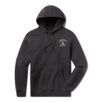 Levitate Meditate Your Day Hoodie, front: Skeleton meditating cross-legged on a surfboard with a red sun behind, arched Levitate logo