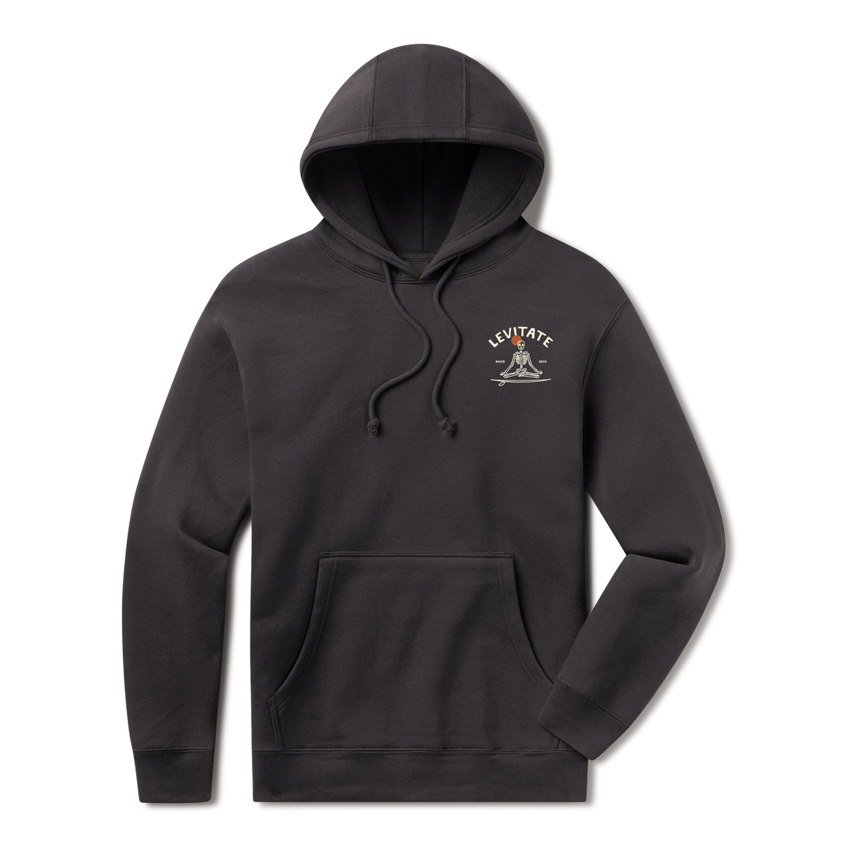 Levitate Meditate Your Day Hoodie, front: Skeleton meditating cross-legged on a surfboard with a red sun behind, arched Levitate logo