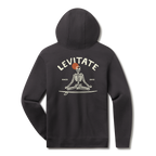 Levitate Meditate Your Day Hoodie, back: Skeleton meditating cross-legged on a surfboard with a red sun behind, arched Levitate logo