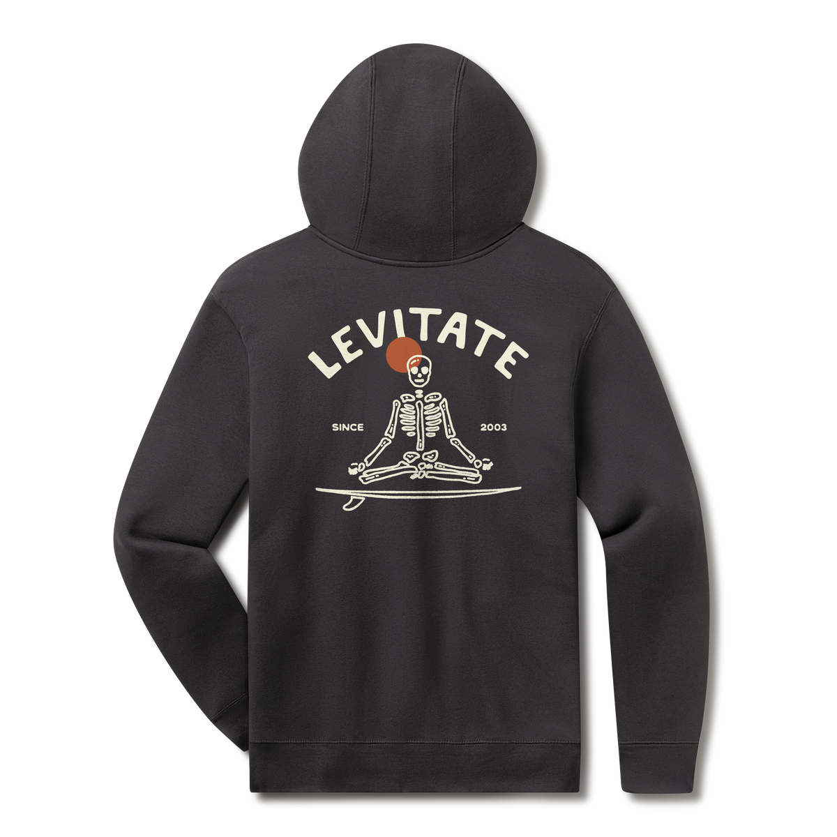 Levitate Meditate Your Day Hoodie, back: Skeleton meditating cross-legged on a surfboard with a red sun behind, arched Levitate logo