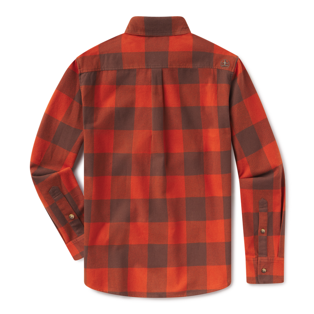 Levitate x Evan Honer Original Flannel, back: orange and brown buffalo check with a small embroidered logo on the back yoke