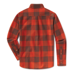 Levitate x Evan Honer Original Flannel, back: orange and brown buffalo check with a small embroidered logo on the back yoke
