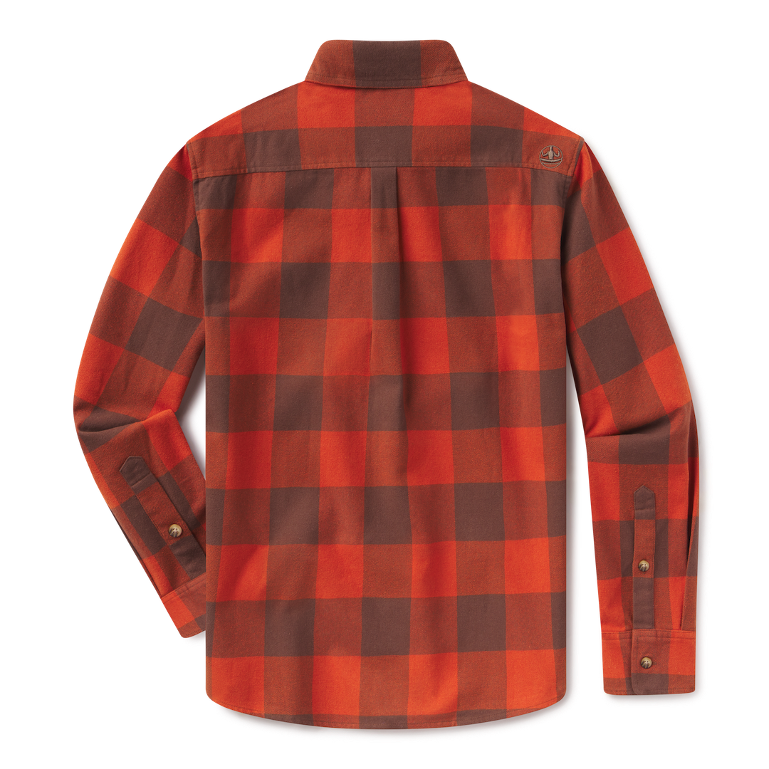 Levitate x Evan Honer Original Flannel, back: orange and brown buffalo check with a small embroidered logo on the back yoke
