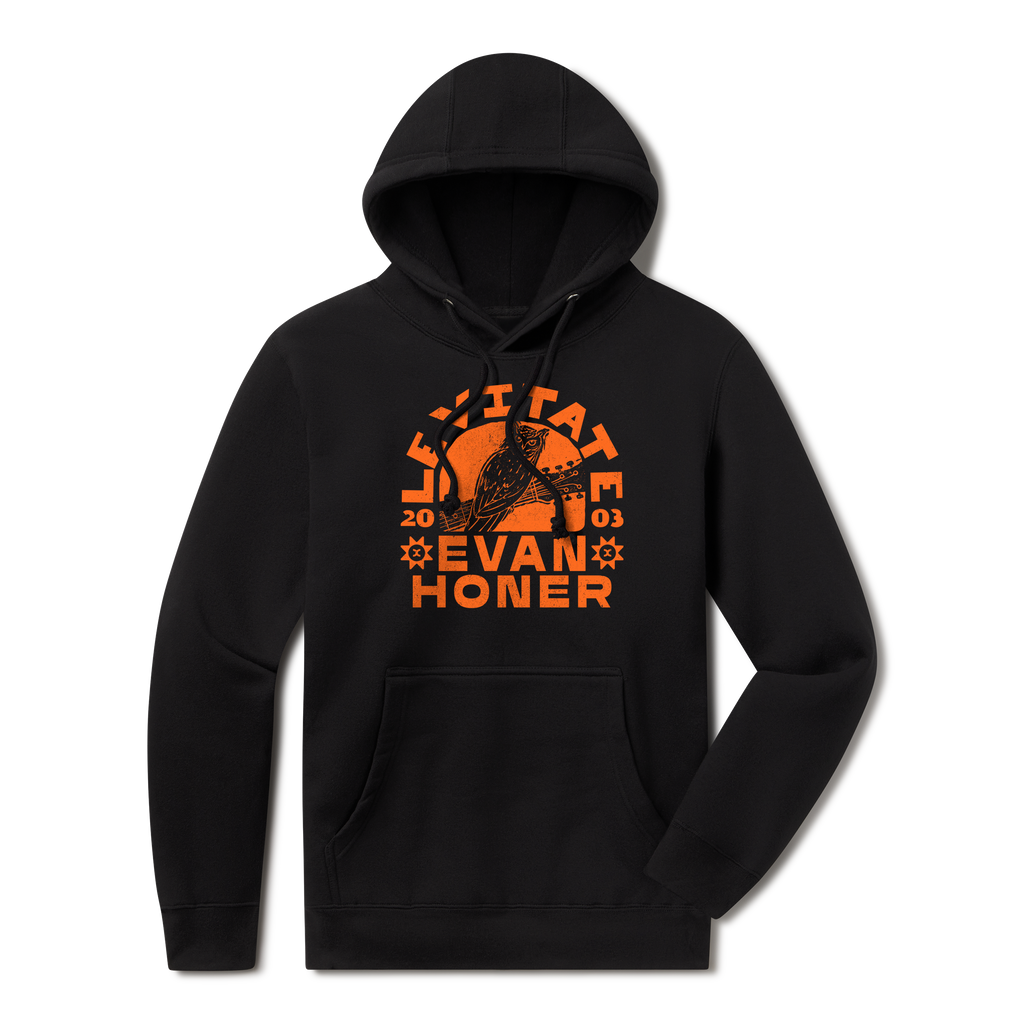 Levitate x Evan Honer Hoodie, front: orange print on black of an owl perched on a guitar neck in front of a sun, with Levitate arched above, 20 03 at the sides and Evan Honer below between two sun marks