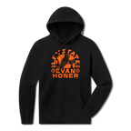 Levitate x Evan Honer Hoodie, front: orange print on black of an owl perched on a guitar neck in front of a sun, with Levitate arched above, 20 03 at the sides and Evan Honer below between two sun marks