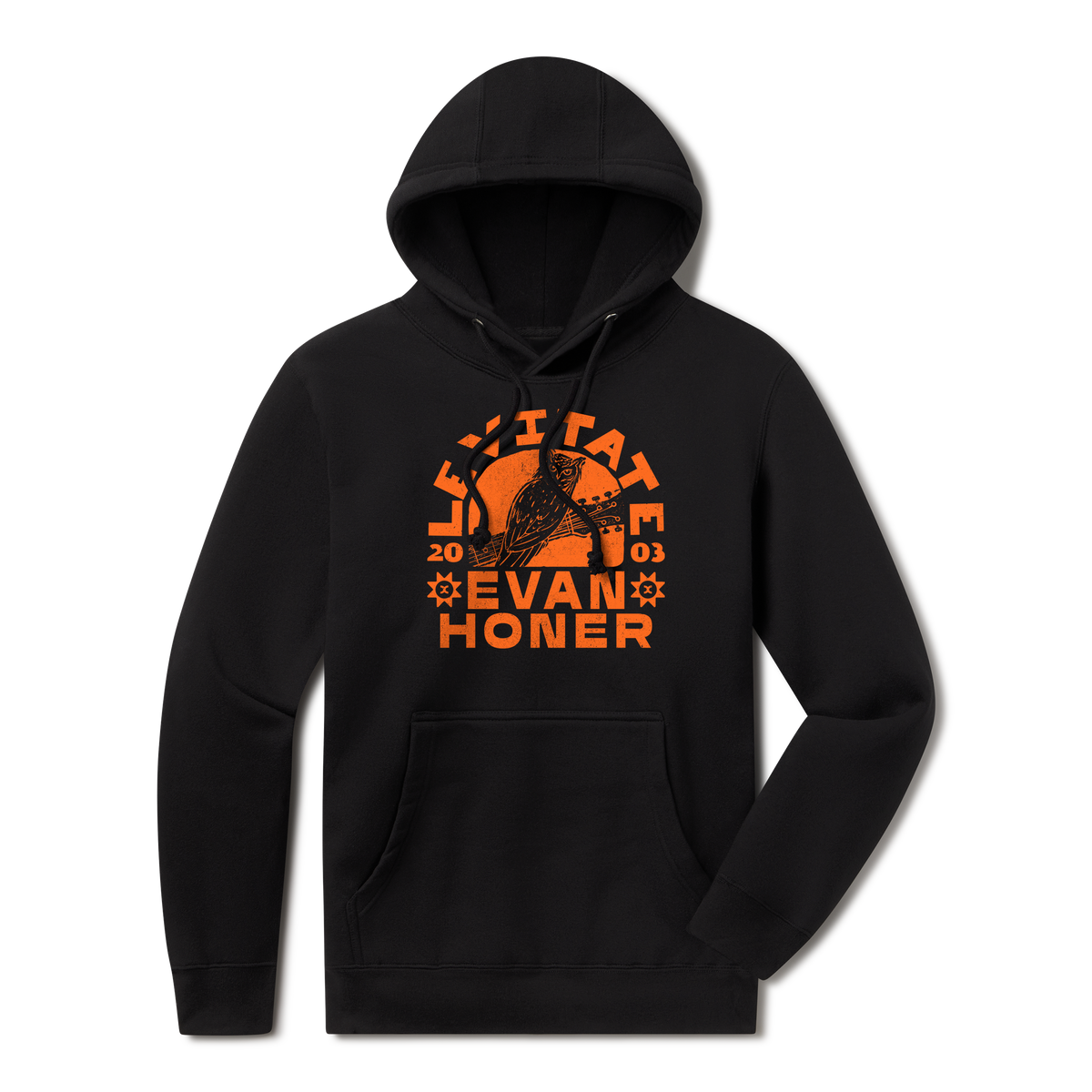 Levitate x Evan Honer Hoodie, front: orange print on black of an owl perched on a guitar neck in front of a sun, with Levitate arched above, 20 03 at the sides and Evan Honer below between two sun marks