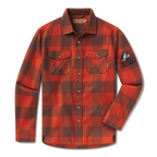 Levitate x Evan Honer Original Flannel, front: orange and brown buffalo check flannel with two flap chest pockets and a black embroidered patch on the left sleeve reading Levitate and Evan Honer around an owl on a guitar neck
